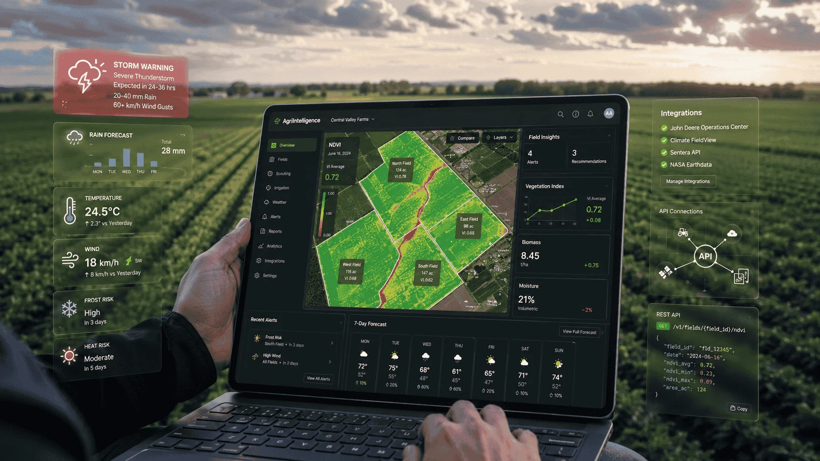 Farmer using a smartphone while examining plant growth in a crop field